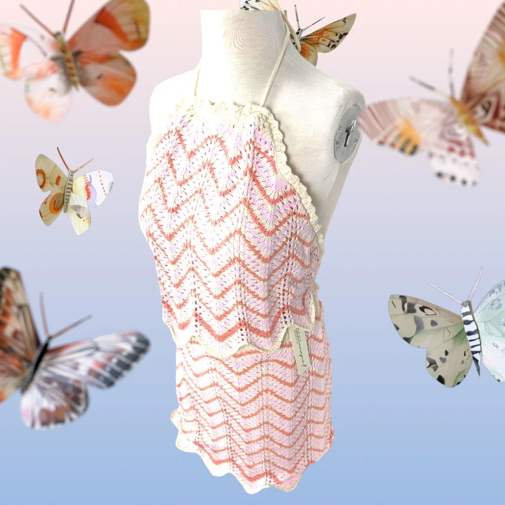 Women’s Crochet 2 Piece Set Skirt Cropped Top Backless Pink Orange Beige New WT - Picture 11 of 16